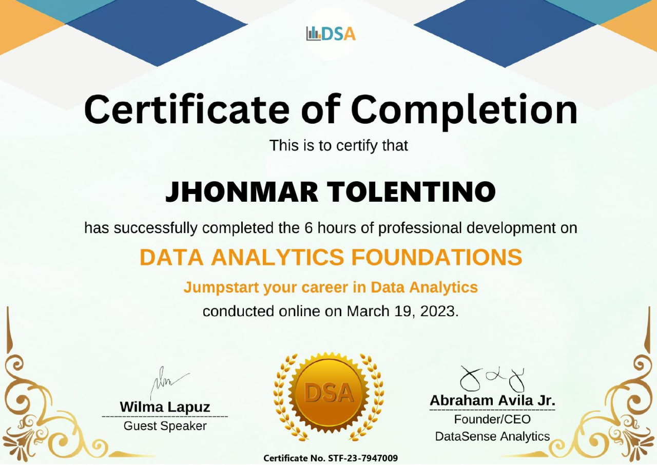 Certificate of Completion for Data Analytics Foundations awarded to Jhonmar Tolentino