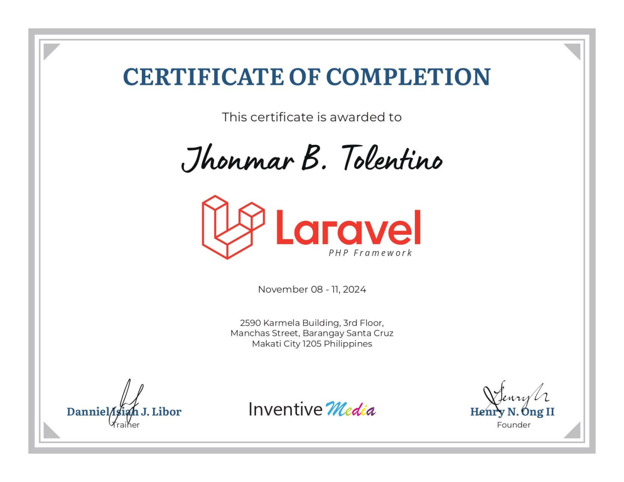Certificate of Completion for Laravel PHP Framework awarded to Jhonmar B. Tolentino