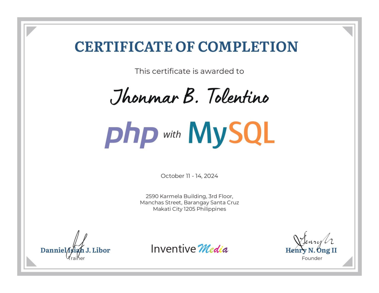 Certificate of Completion for PHP with MySQL awarded to Jhonmar B. Tolentino